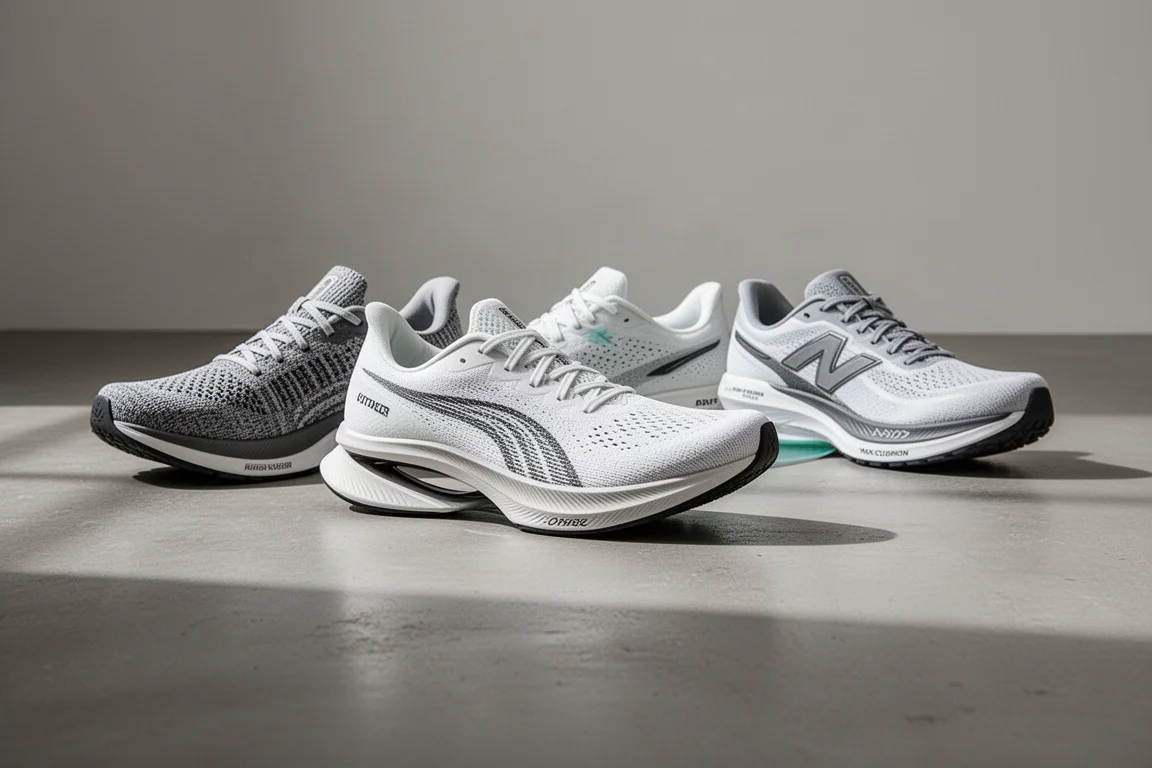 A row of five different running shoes on a grey concrete floor