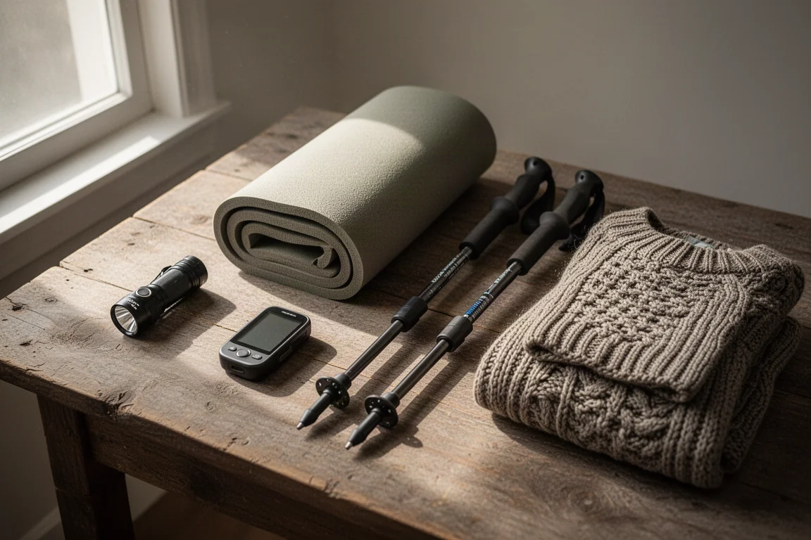 Backpacking gear laid out on a weathered wooden surface in soft morning light