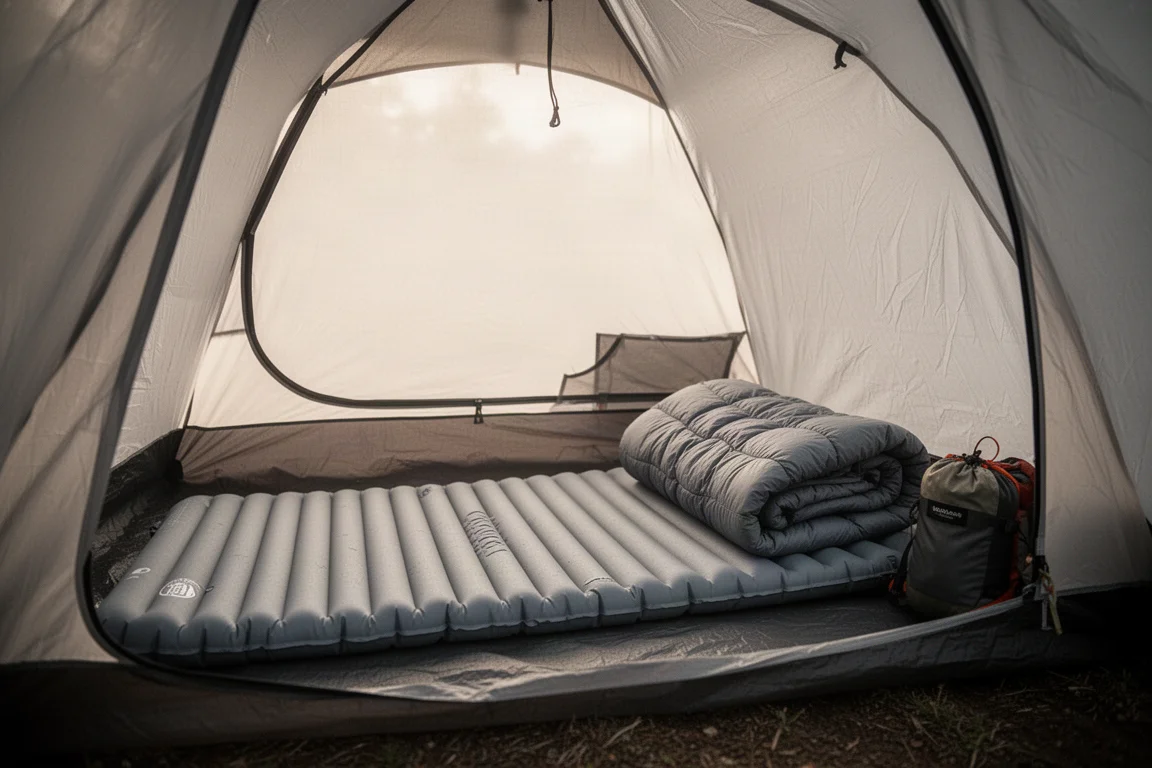 Thin foam mat laid beneath an inflatable sleeping pad inside a tent