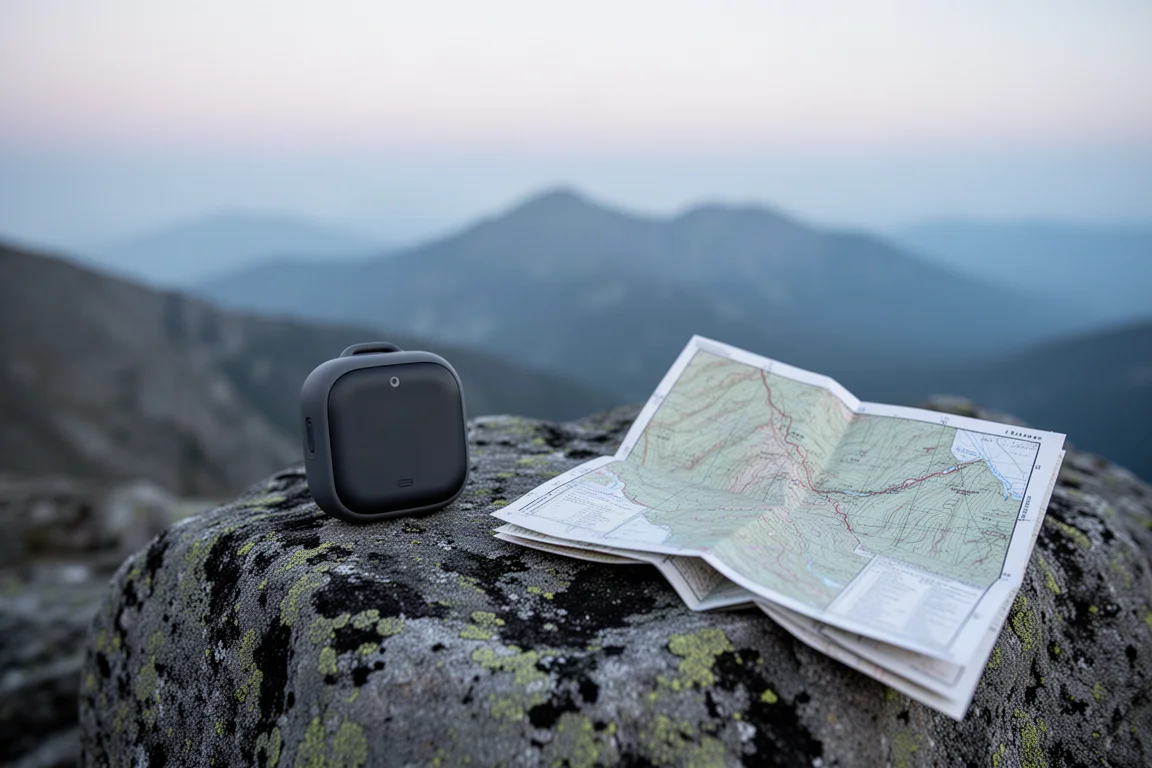 Small handheld satellite communicator resting on a rock beside a topographic map
