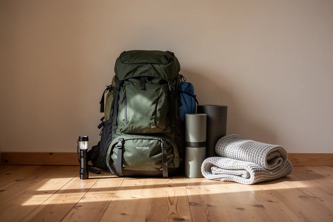 Backpack and trail gear arranged on a cabin floor beside a window