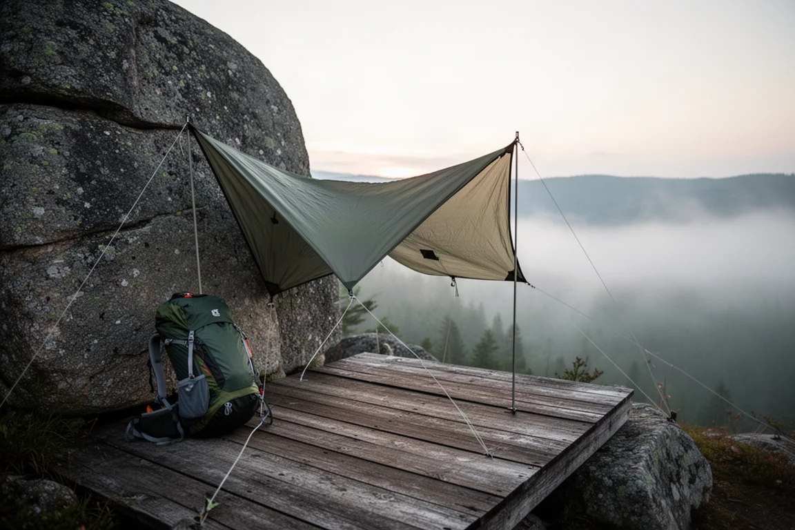 Ultralight tarp pitched low against a granite outcrop at dawn with mist in the valley