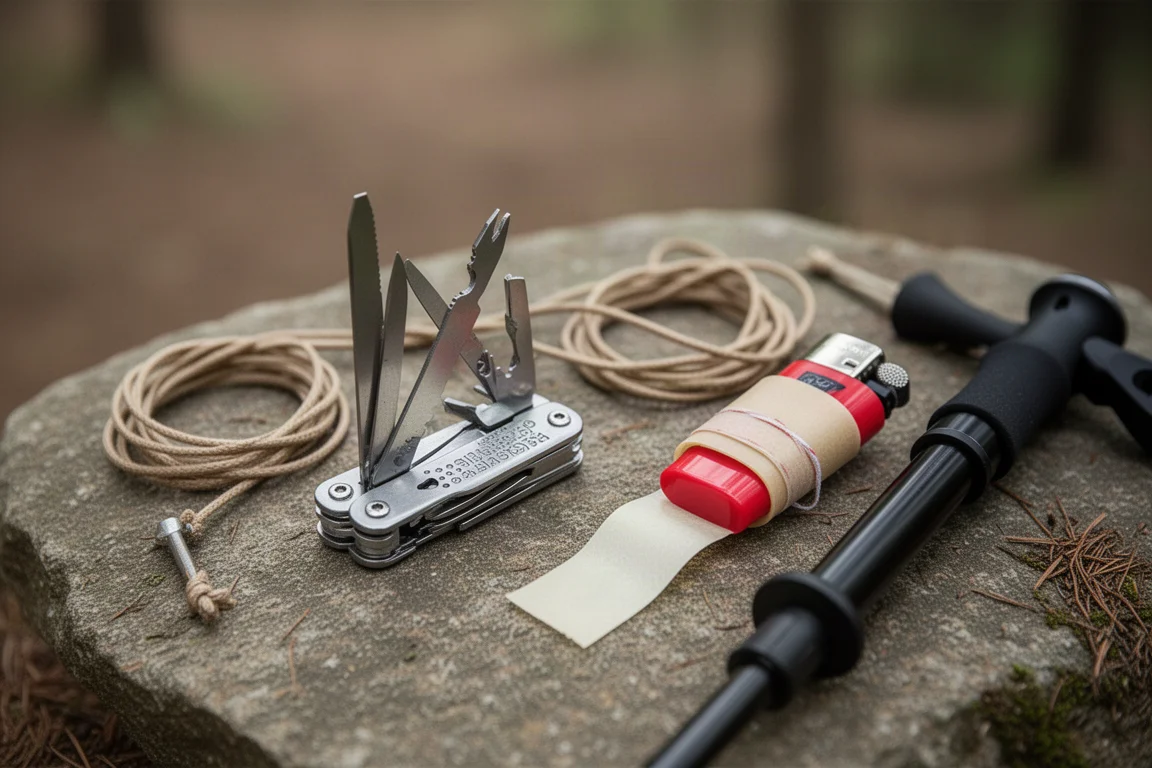 Small multi-tool resting open beside a trailside repair kit on a flat rock