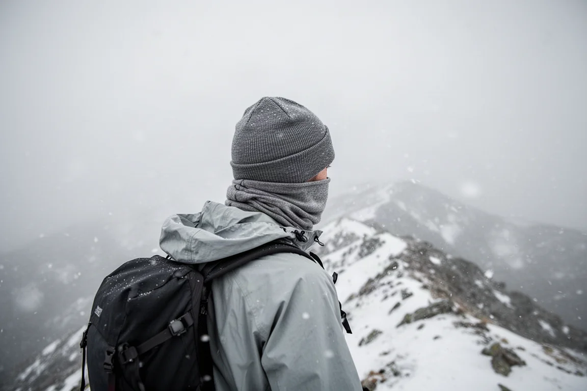 Hiker on a windy alpine ridge with a merino neck gaiter pulled over the back of the head