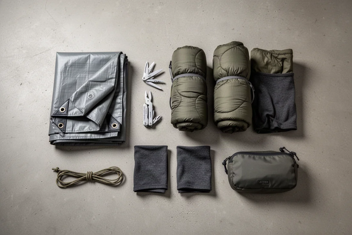 Overhead flat-lay of ultralight backpacking essentials on a concrete floor