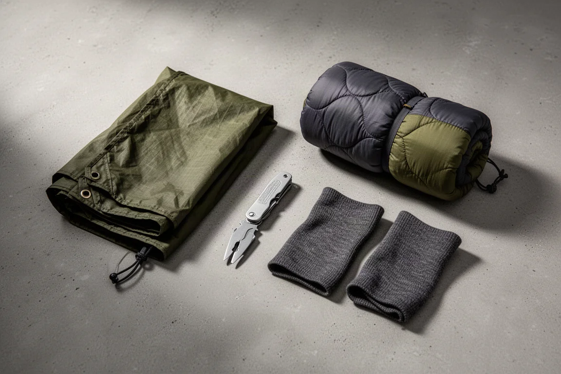 Ultralight backpacking gear flat-lay with tarp, multi-tool, sleeping bag, and merino neck wraps