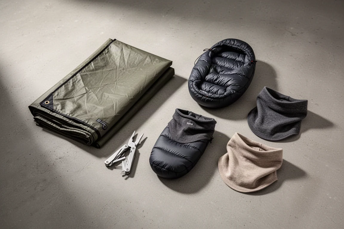 Tarp ultralight da backpacking, multi-tool, sacco a pelo e coperture in lana disposti sul cemento