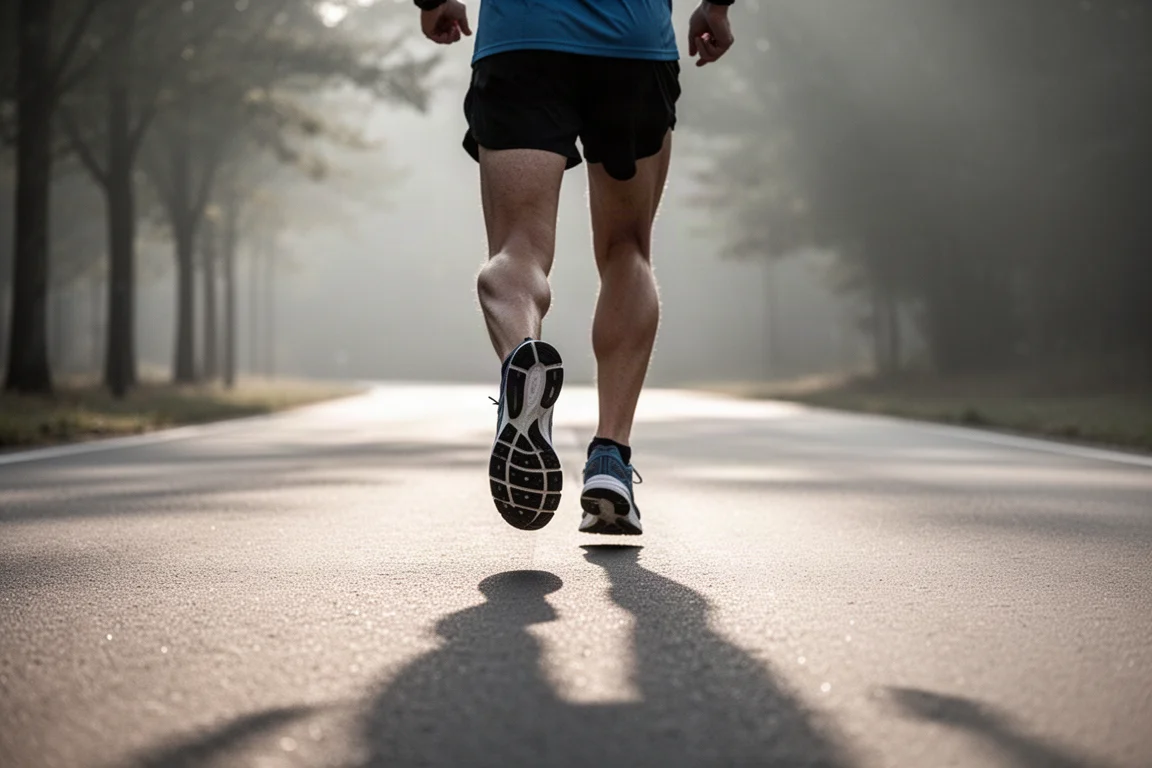 Löpare som joggar lugnt på en asfalterad stig i mjukt morgonljus