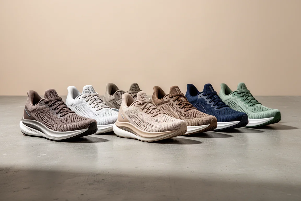 Eight versatile running shoes lined up on a matte concrete surface