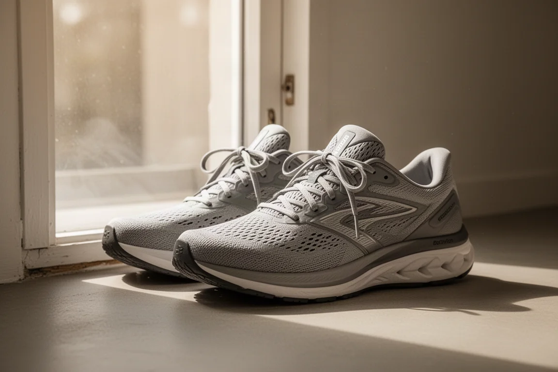Runner lacing up a single pair of running shoes by a door before heading out
