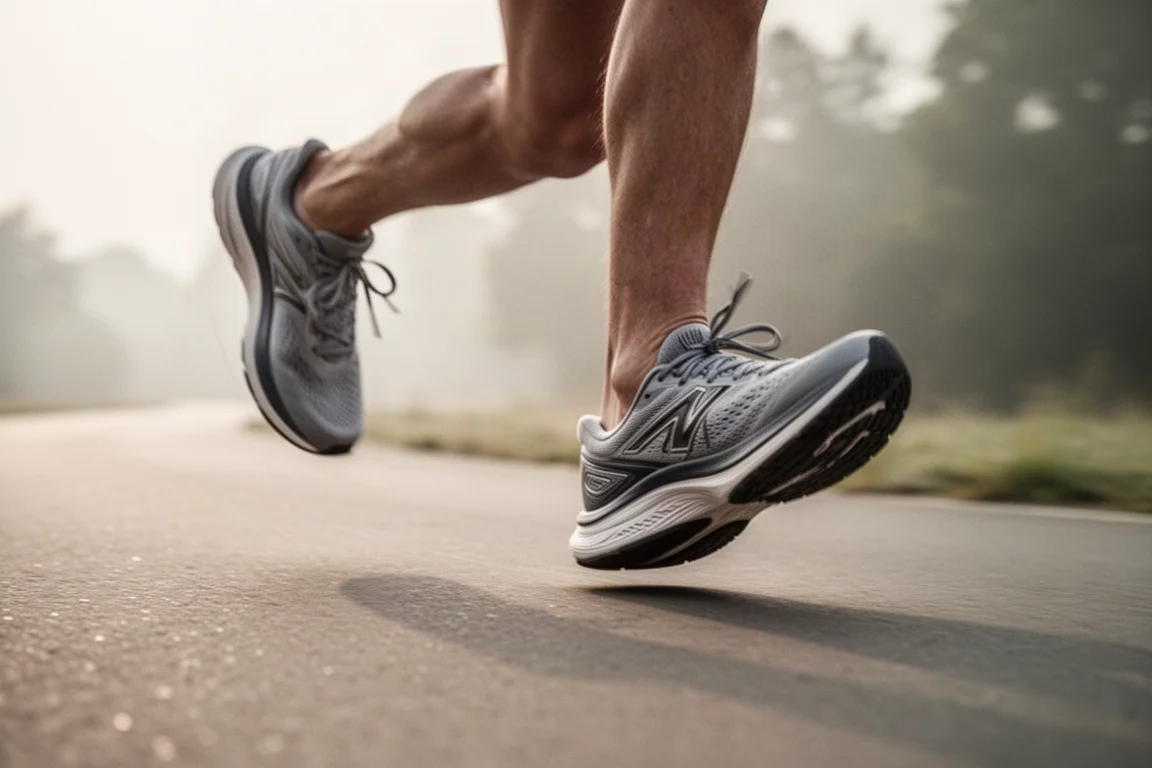 Runner's feet in motion on a paved path during an easy morning run