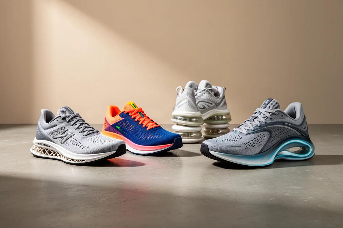 Four versatile running shoes arranged on a concrete surface