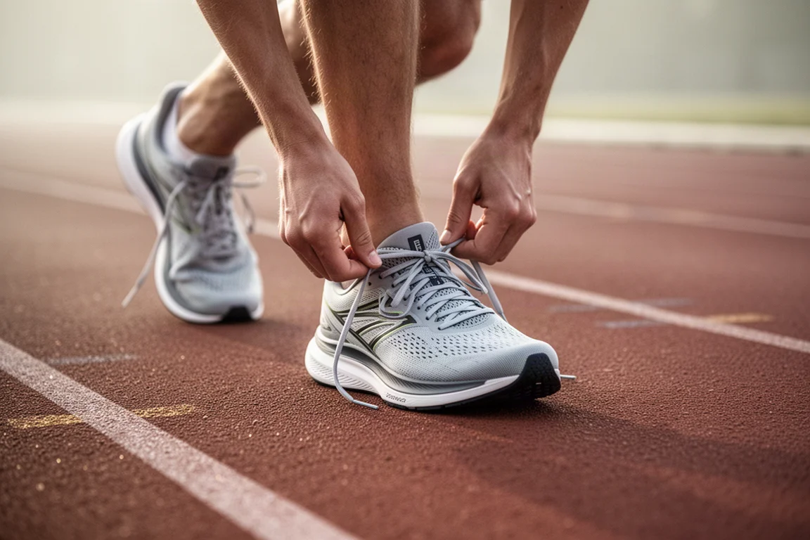 Biegacz zawiązujący sznurowadła na lekkich butach do biegania przed treningiem tempowym