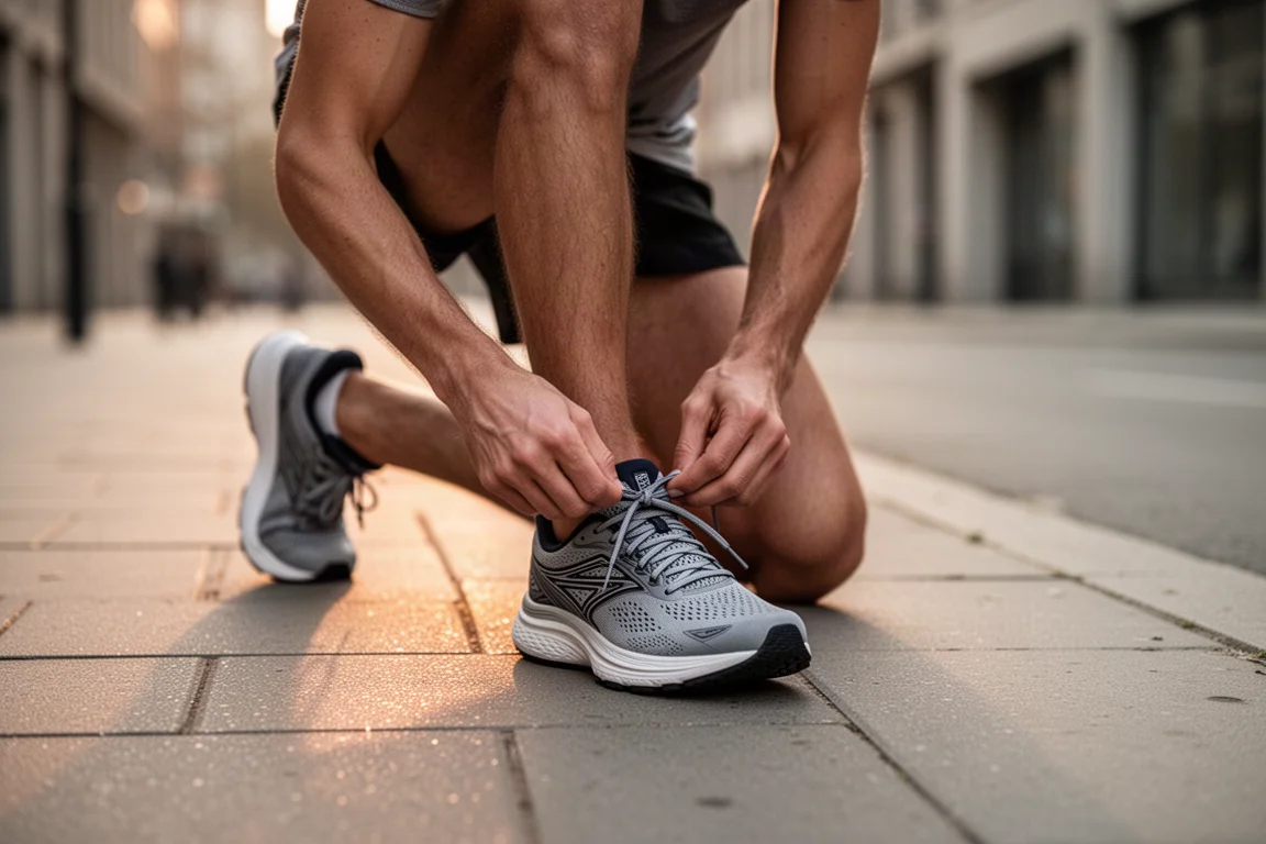 Läufer schnürt im Morgengrauen auf einem städtischen Gehweg einen Laufschuh