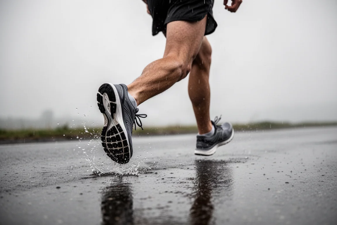 Läufer bei einem lockeren Regenlauf auf nassem Asphalt, der Schuh greift auf der Straße