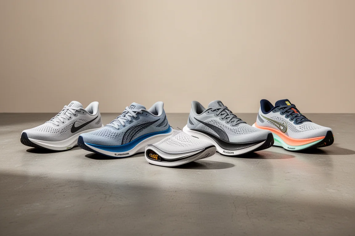 Five versatile running shoes lined up on a concrete studio floor