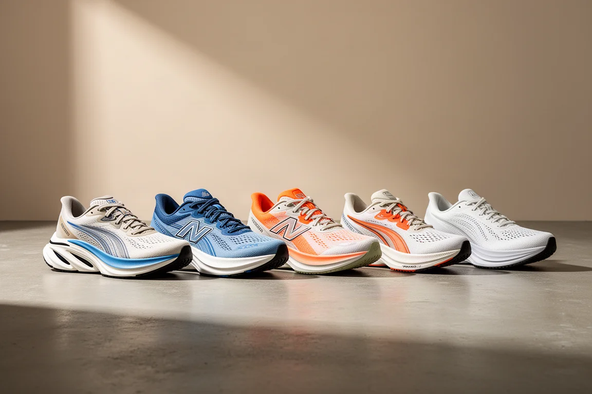 Six versatile running shoes lined up on a matte concrete surface