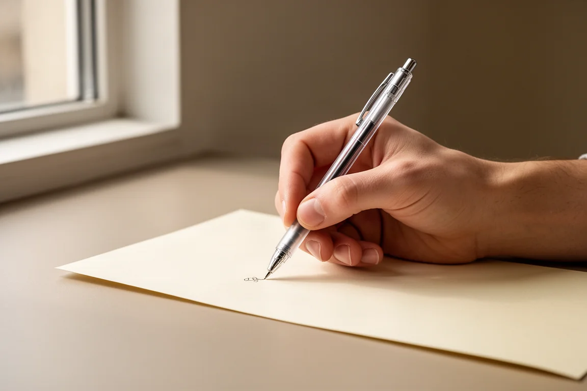 Mano escribiendo notas con un bolígrafo de gel suave sobre papel a la luz del día