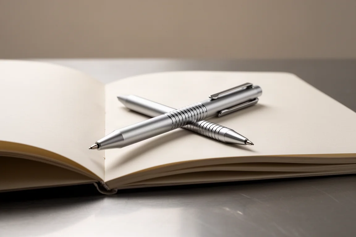 Portaminas compacto sobre un cuaderno bajo una suave luz de estudio