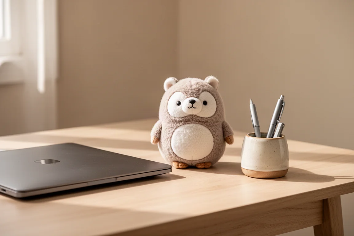 Escritorio acogedor con una pequeña figura de peluche para la postura junto al teclado