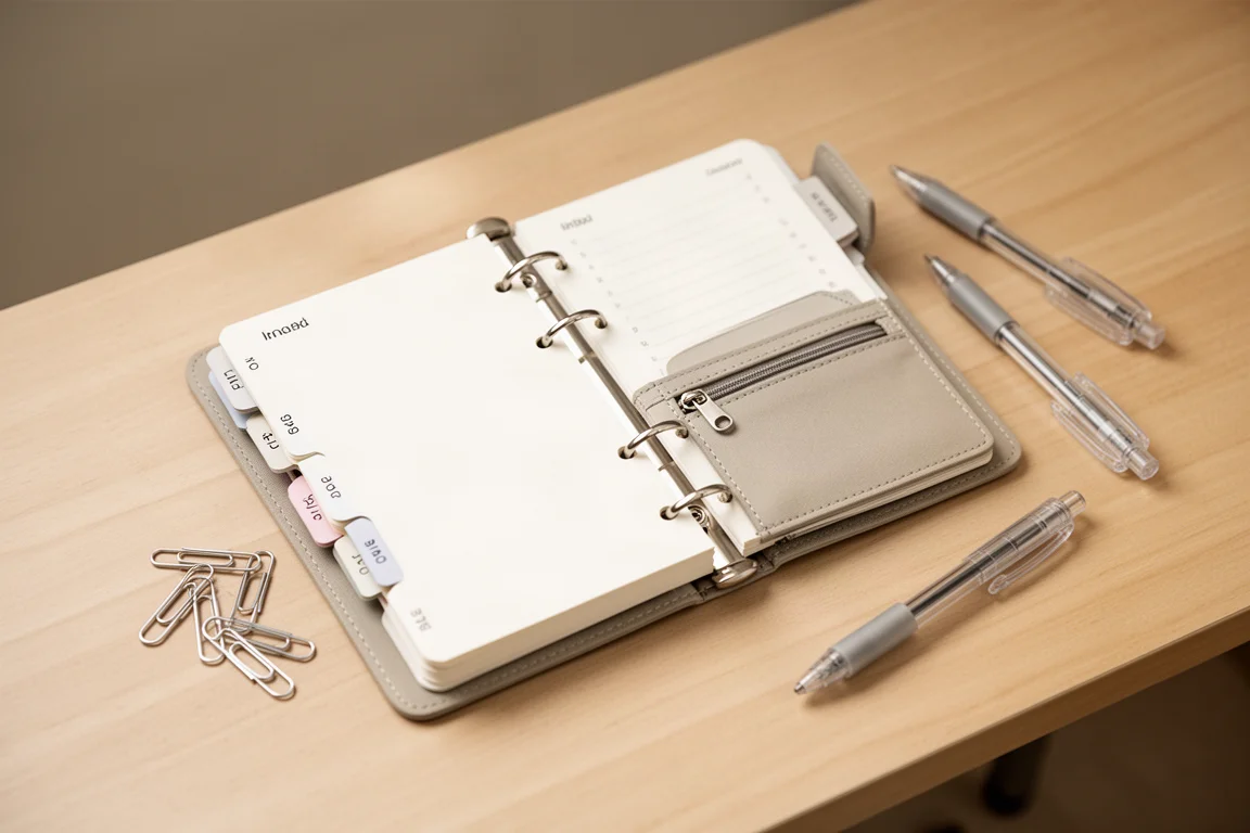 Pequeño cuaderno de anillas con listas y notas adhesivas sobre un escritorio