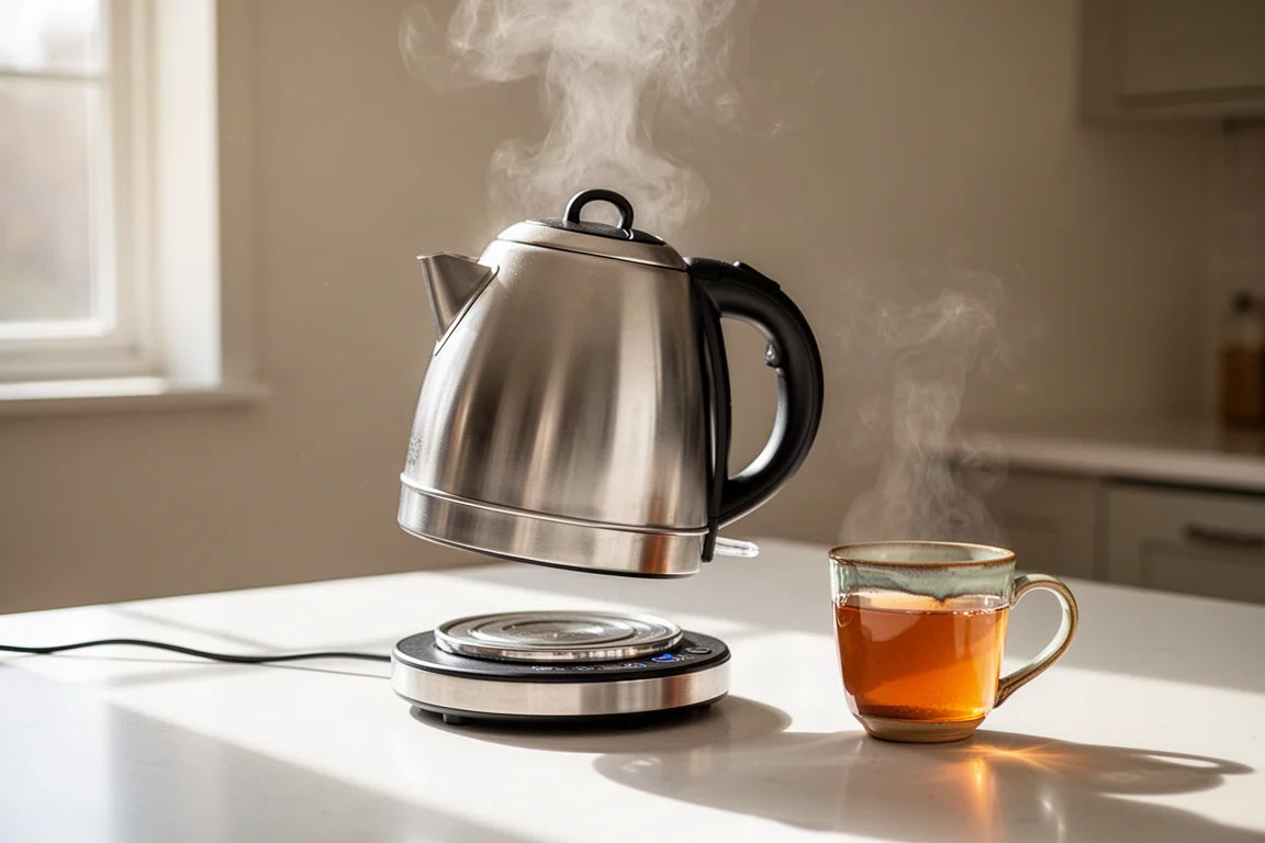 Elvattenkokare som häller varmt vatten i en mugg i ett ljust kök