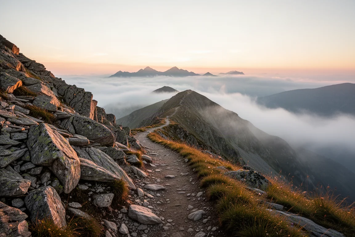 Rocky mountain trail at sunrise with mist filling the valley below