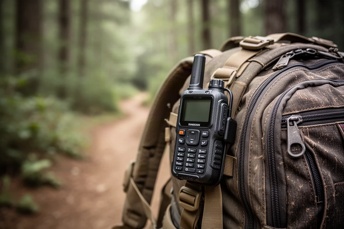 Rugged handheld communicator clipped to a backpack strap on a hiking trail