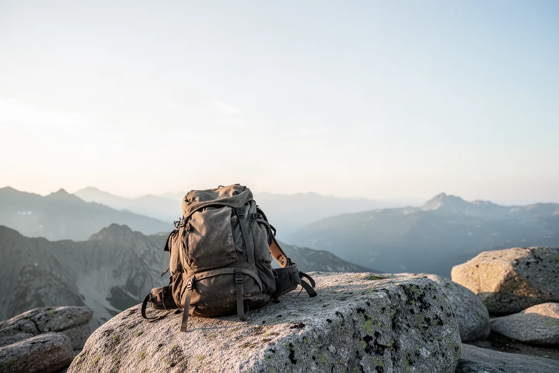 Backpack resting on granite at a high alpine viewpoint under open sky