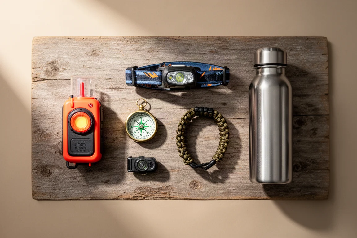 Overhead flat lay of outdoor safety essentials on a weathered wooden surface