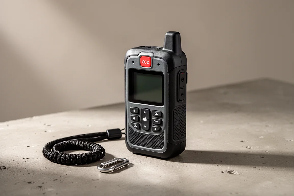 Rugged handheld satellite communicator on a concrete surface beside a lanyard and carabiner
