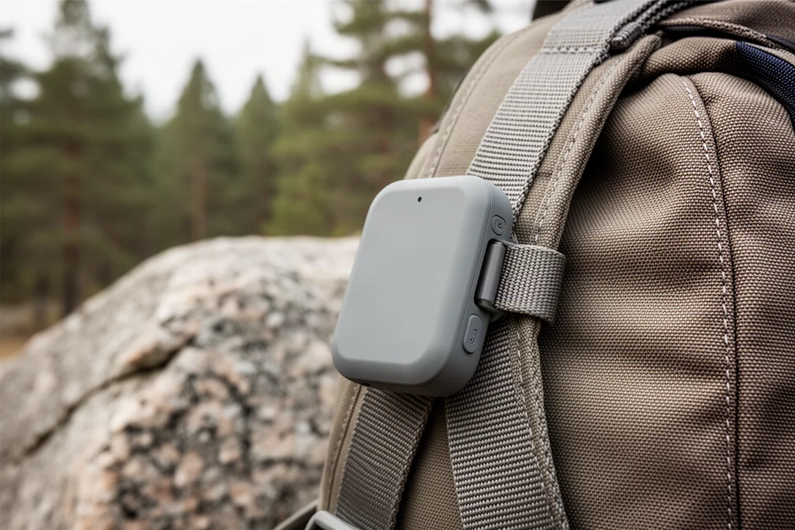 Randonneur vu de dos sur un affleurement granitique tenant un téléphone à l'écran sombre