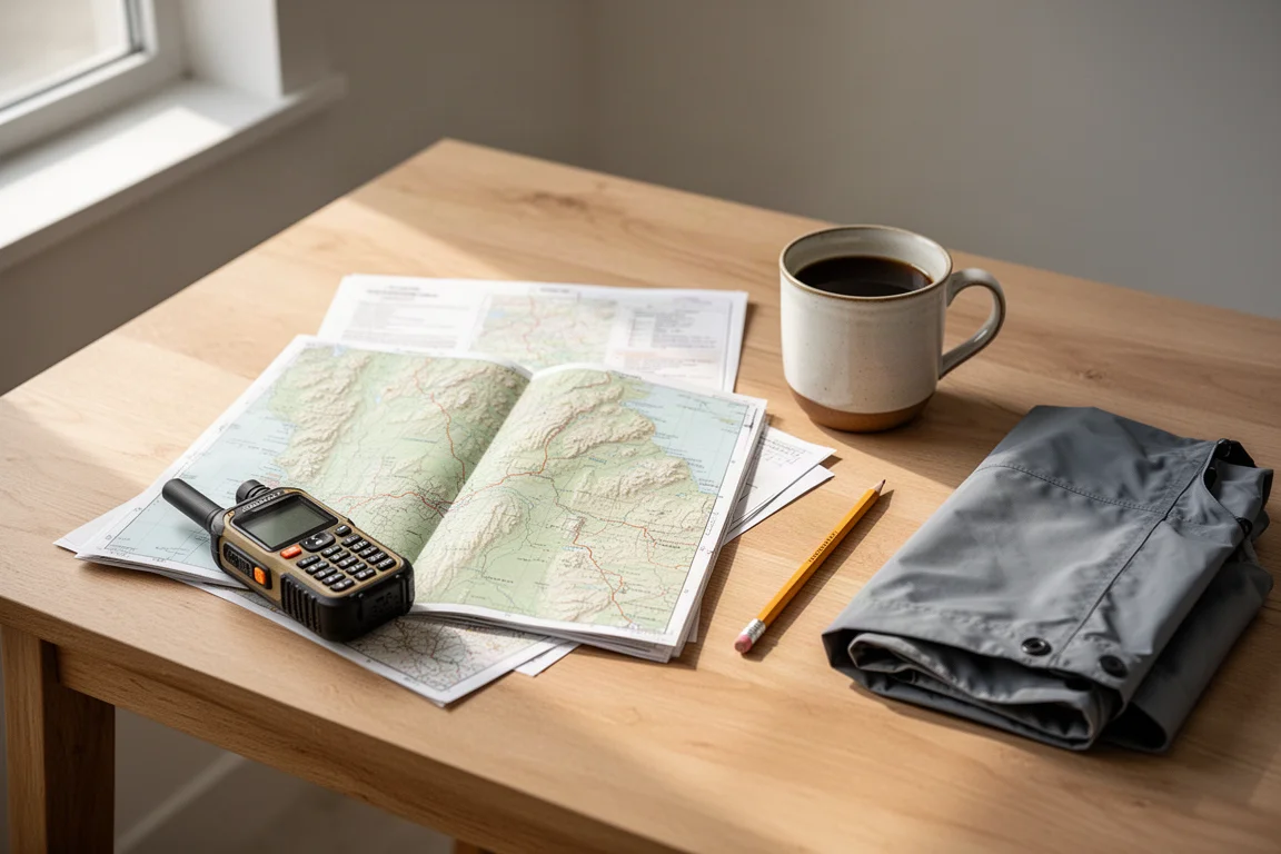 Vue à plat d'une carte topographique, d'une boussole, d'une gourde et d'un petit communicateur