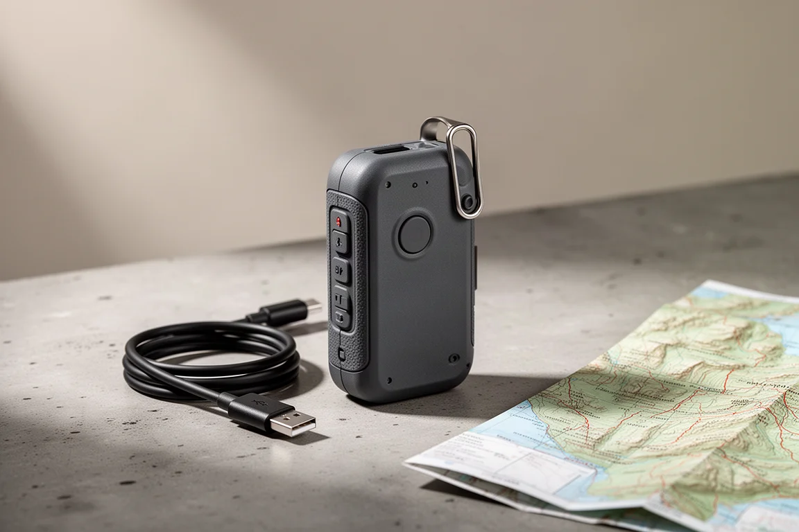Compact satellite communicator on concrete beside a coiled USB-C cable and folded map