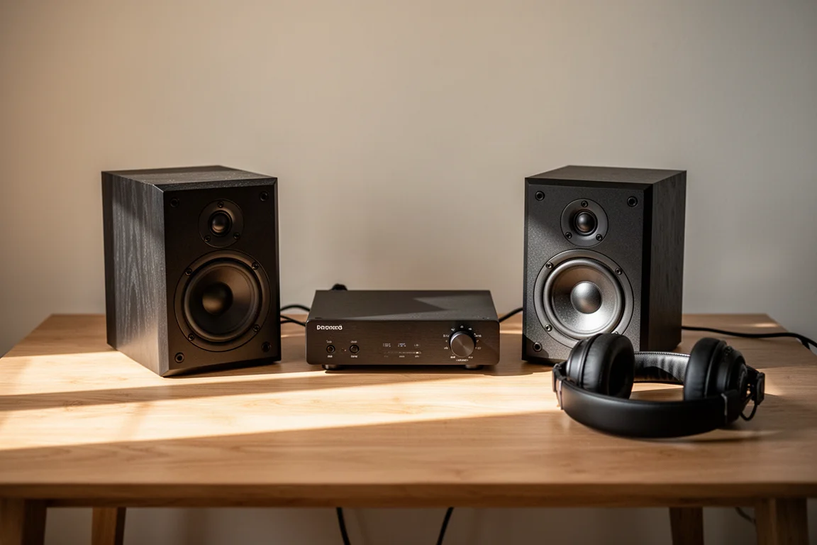 Compact desktop listening setup with two small black bookshelf speakers and a slim amplifier on a wooden desk