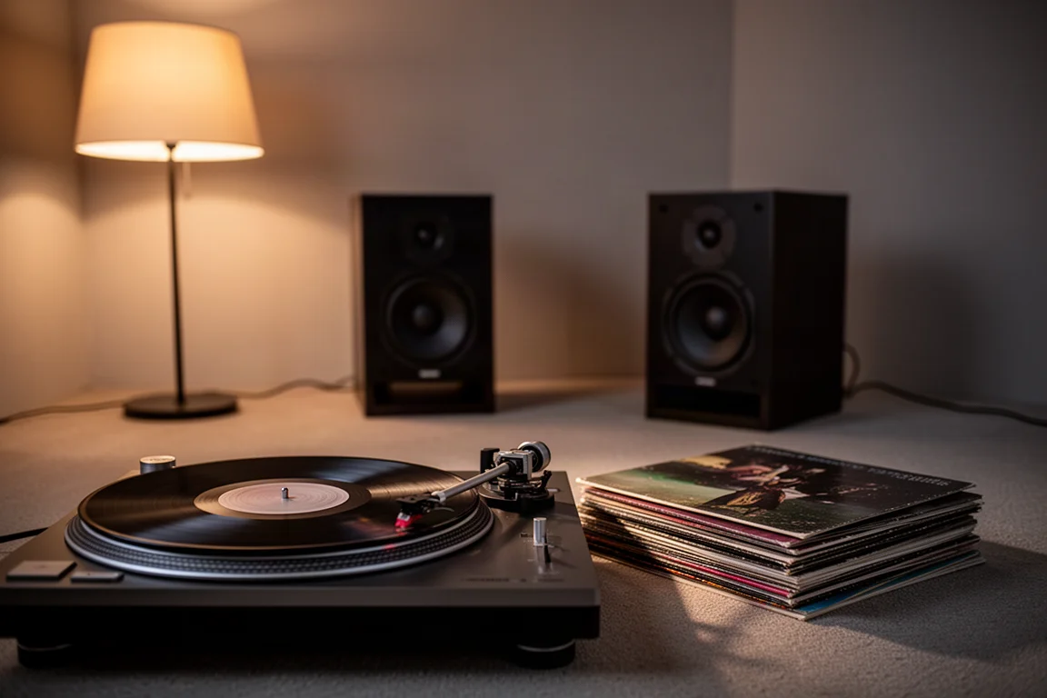 Small listening room at dusk with a turntable, vinyl records and two compact speakers in the background