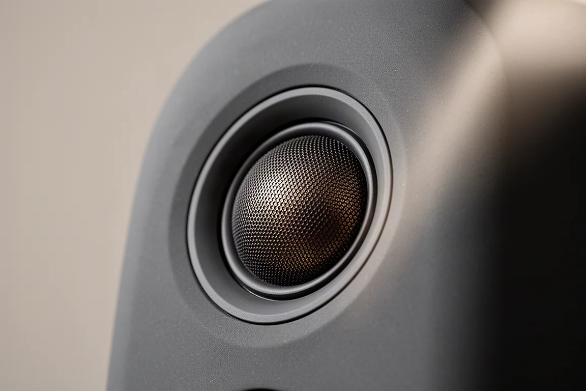 Close-up of a one-inch soft dome tweeter set into a rounded speaker baffle in soft directional light