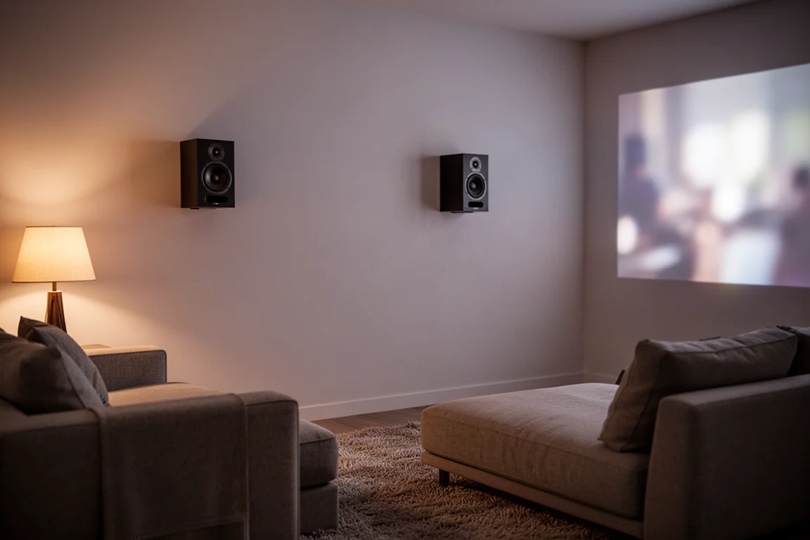 Compact living room home theater scene with small speakers mounted on the wall above a sofa