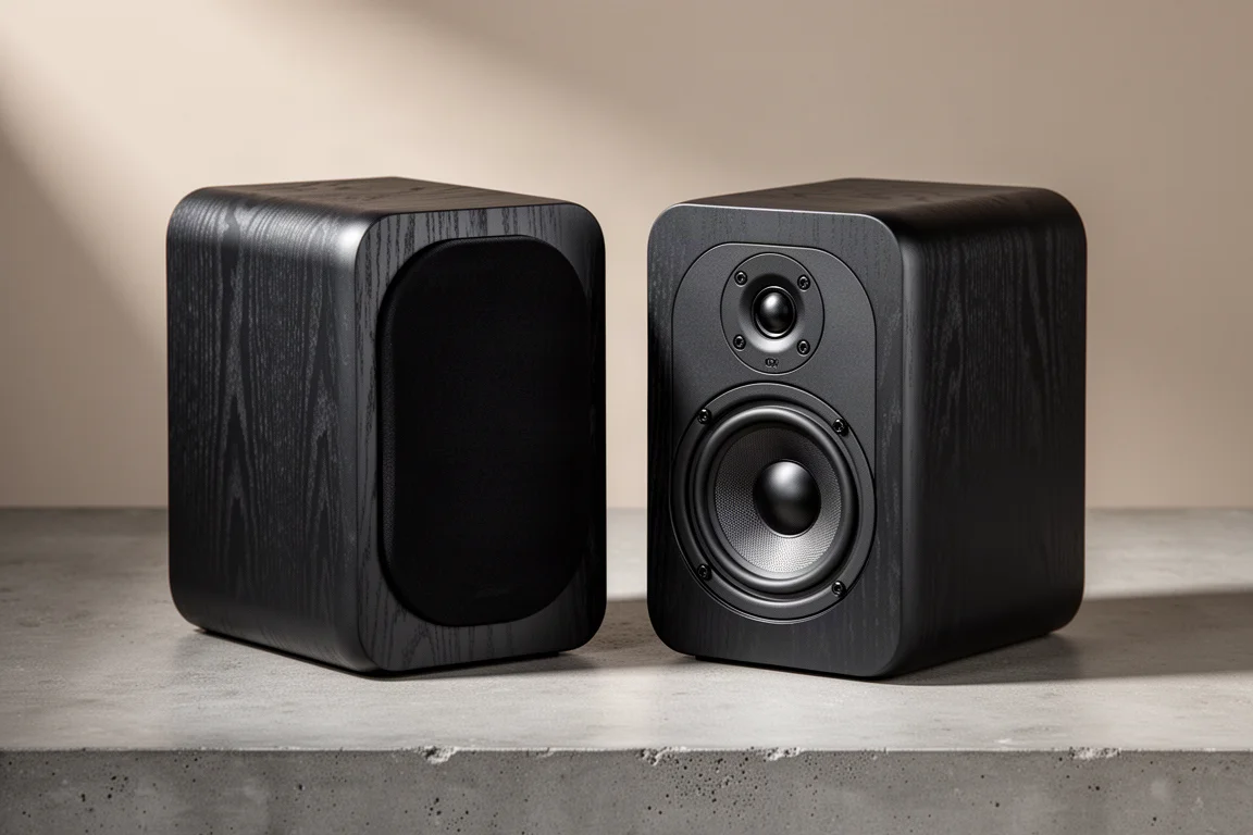 Pair of compact black two-way bookshelf speakers on a concrete surface, one with the grille removed