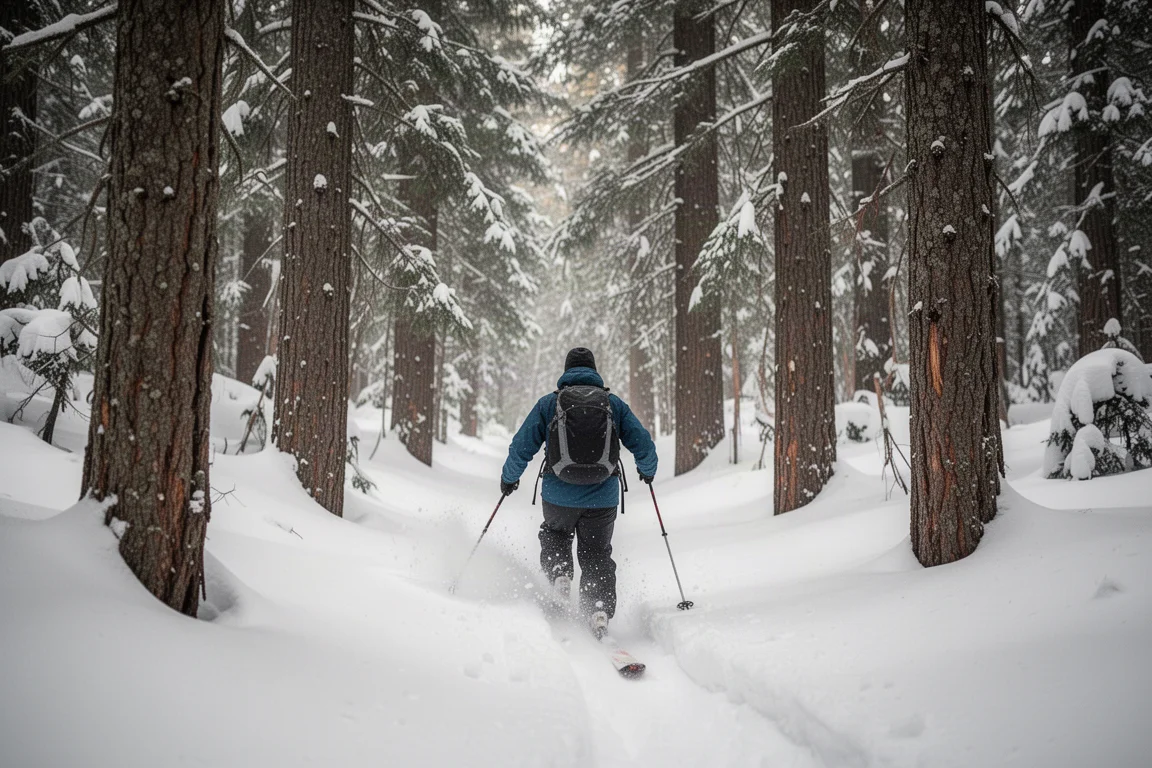 Esquiador descendiendo entre estrechos pinares nevados con luz suave