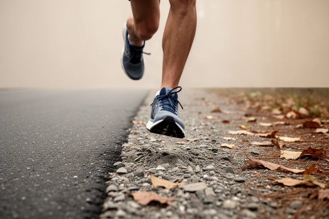 Voeten van een hardloper in hybride hardloopschoenen die oversteken van asfalt naar een gravelbospad