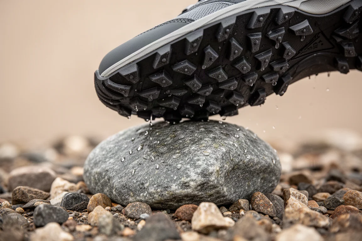 Close-up van een trailbuitenzool met lage noppen die grip heeft op een steen op gemengd terrein