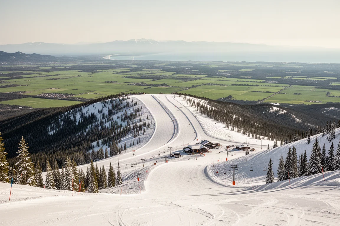 Wide ski bowl with groomed trails and panoramic views over the Canterbury Plains