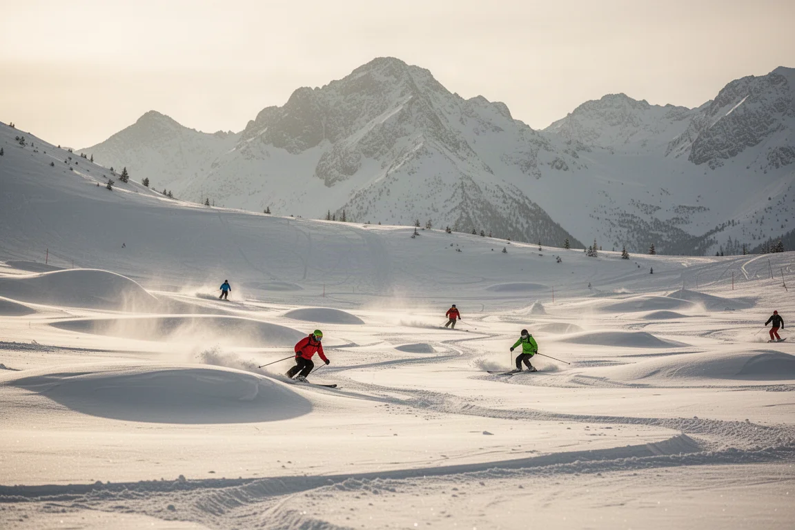 Skiers carving wide intermediate cruisers in an open alpine bowl
