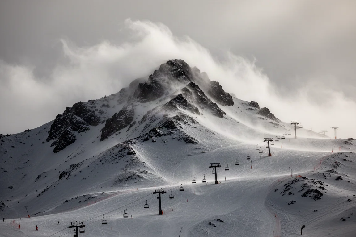 Wind-blown ridgeline above a New Zealand ski field with visible weather exposure