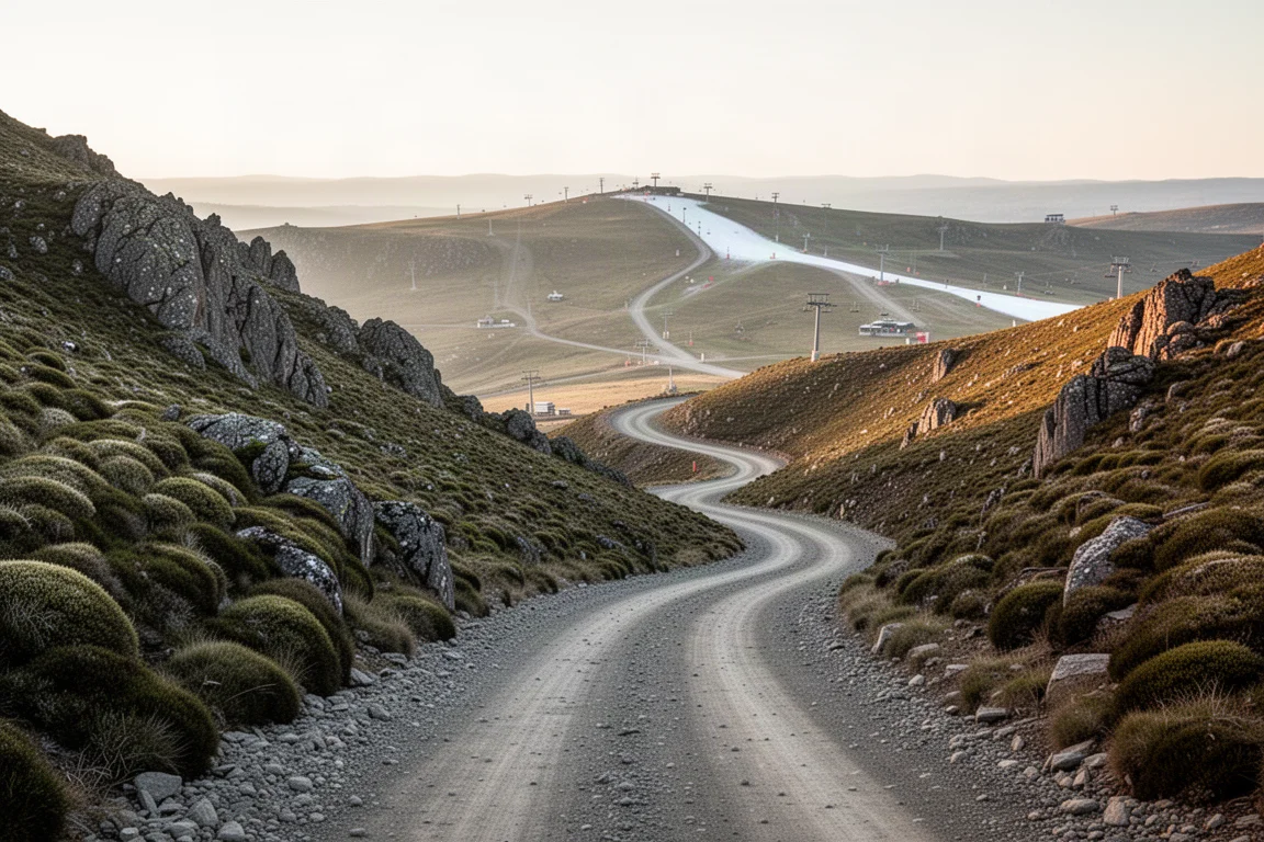 Steep gravel access road winding up a mountainside toward the ski field