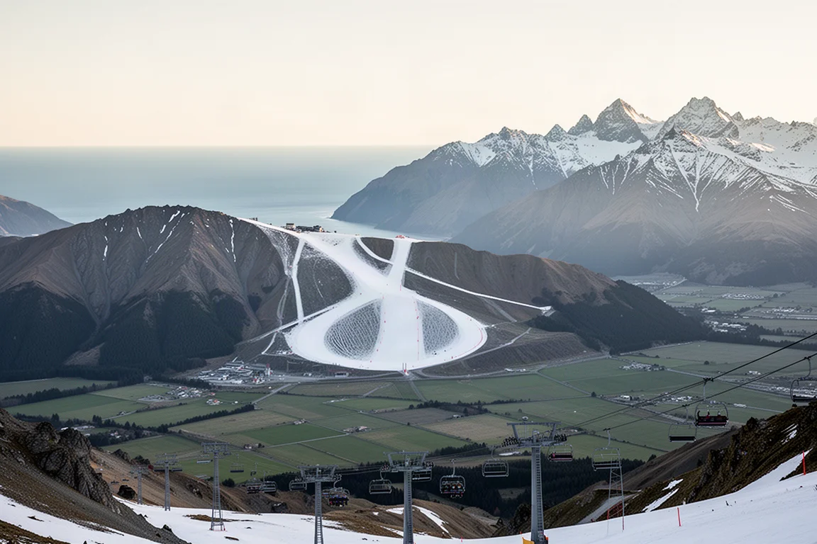 New Zealand ski resort bowl above farmland plains with ocean on the horizon