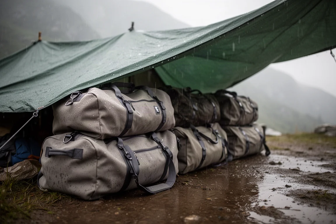 Borse duffel impilate sotto un telo verde in un campo di montagna con pioggia leggera