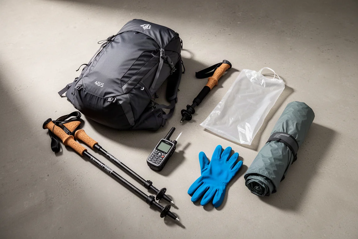 Overhead arrangement of trekking gear including a backpack, poles, and rain shell on concrete