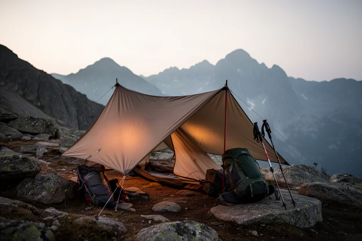 Tief abgespanntes Ultralight-Tarp als Schutz bei einem Alpencamp in der Dämmerung mit Rucksack und Trekkingstöcken